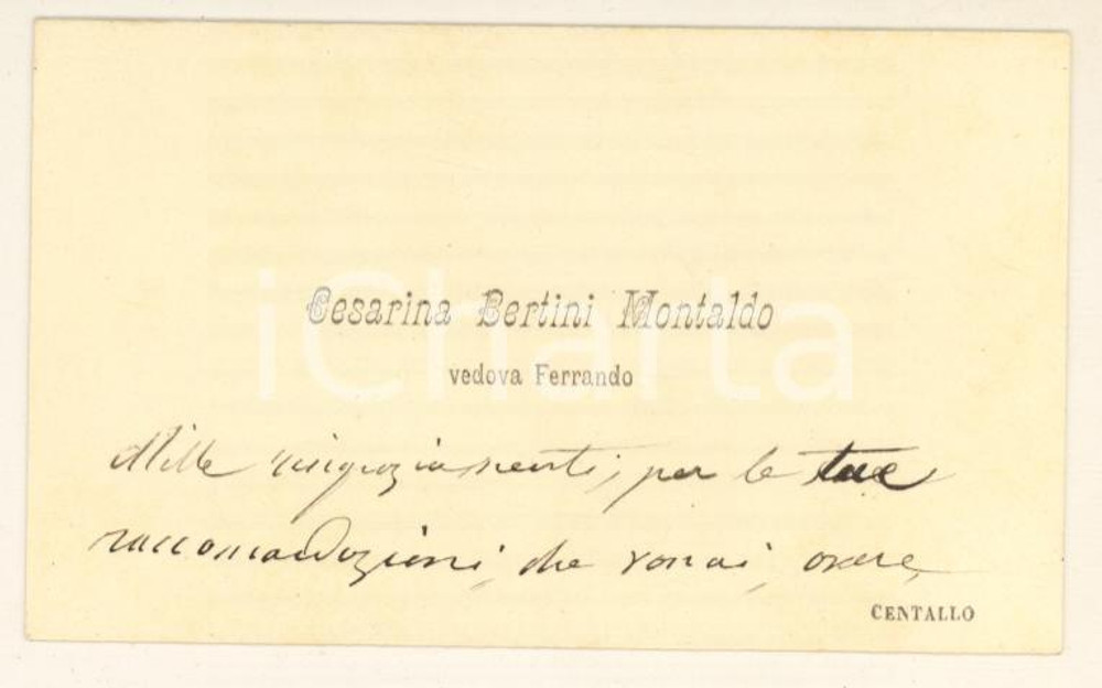 Autografo originale 1900 CENTALLO (CN) Biglietto Cesarina BERTINI MONTALDO - Autografo 1