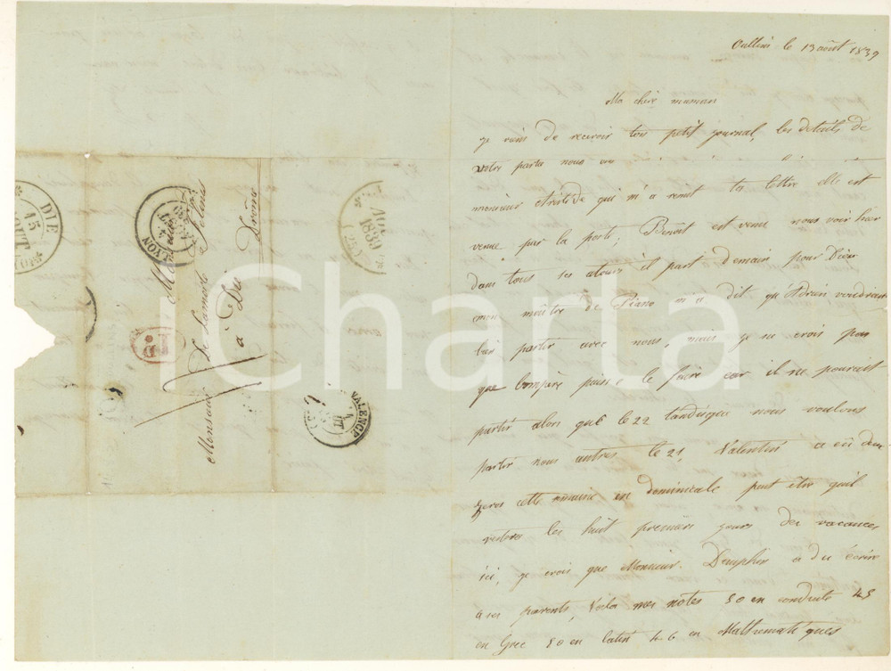 Manoscritto, lettera originale 1839 OULLINS  Lettera Alfred DE LAMORTE-FELINES alla madre prima delle vacanze 1
