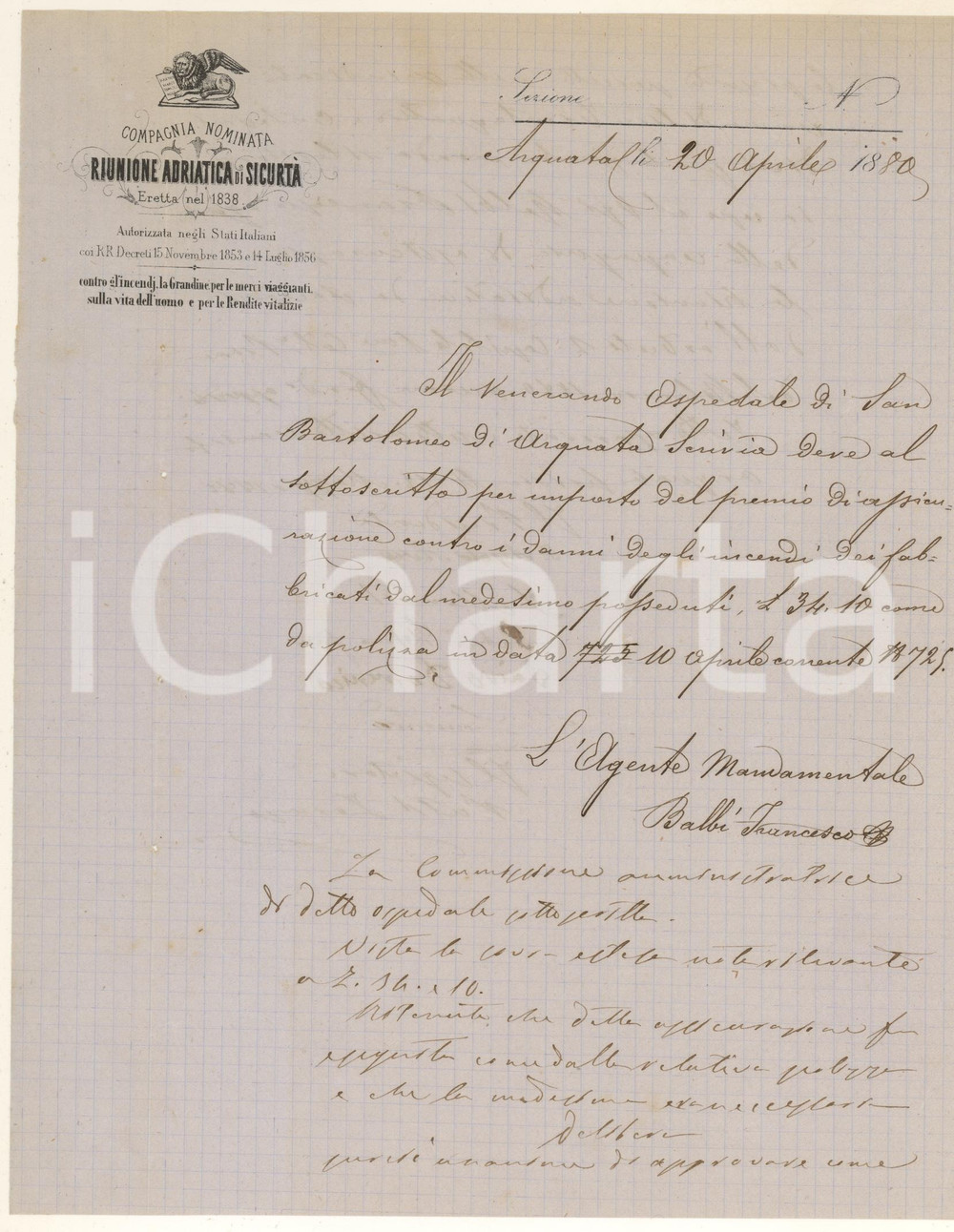 Manoscritto, lettera originale 1880 ARQUATA SCRIVIA Lettera Francesco BALBI RIUNIONE ADRIATICA DI SICURTA' 1