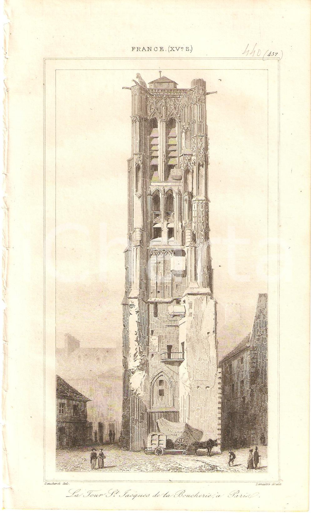 Stampa, bozzetto originale 1840 PARIS (F) Tour SAINT JACQUES DE LA BOUCHERIE *Stampa inc. LEMAITRE 1
