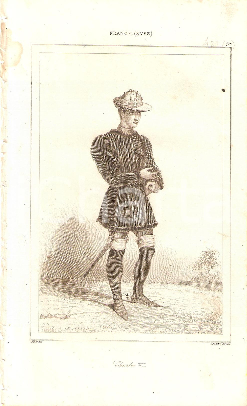 Stampa, bozzetto originale 1840 FRANCE Roi CHARLES VII Portrait - L'univers *Stampa inc. LEMAITRE 1