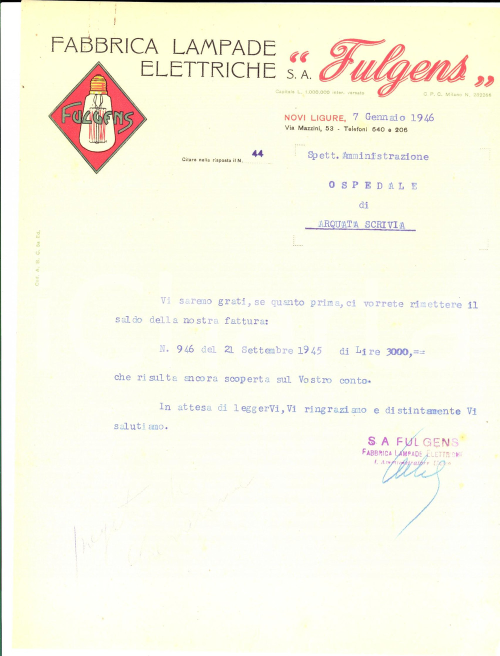 Materiale pubblicitario d’epoca 1946 NOVI LIGURE (AL) Fabbrica lampade elettriche FULGENS *Fattura intestata 1