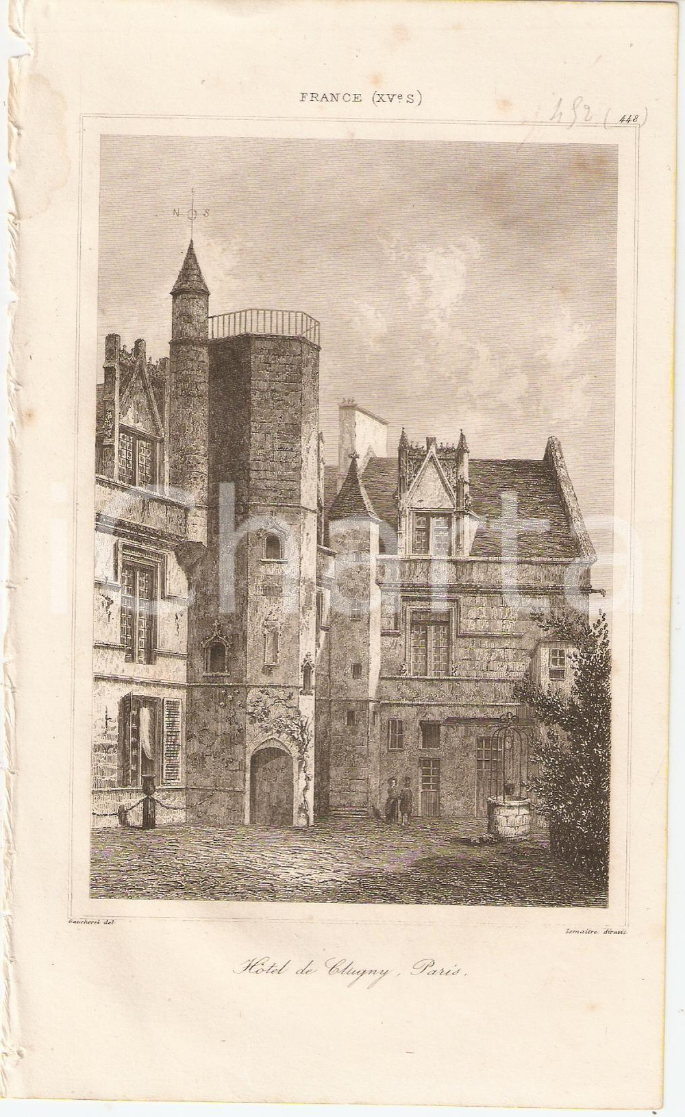 Stampa, bozzetto originale 1840 PARIS F Hotel de CLUNY  L Univers Stampa inc. LEMAITRE 1