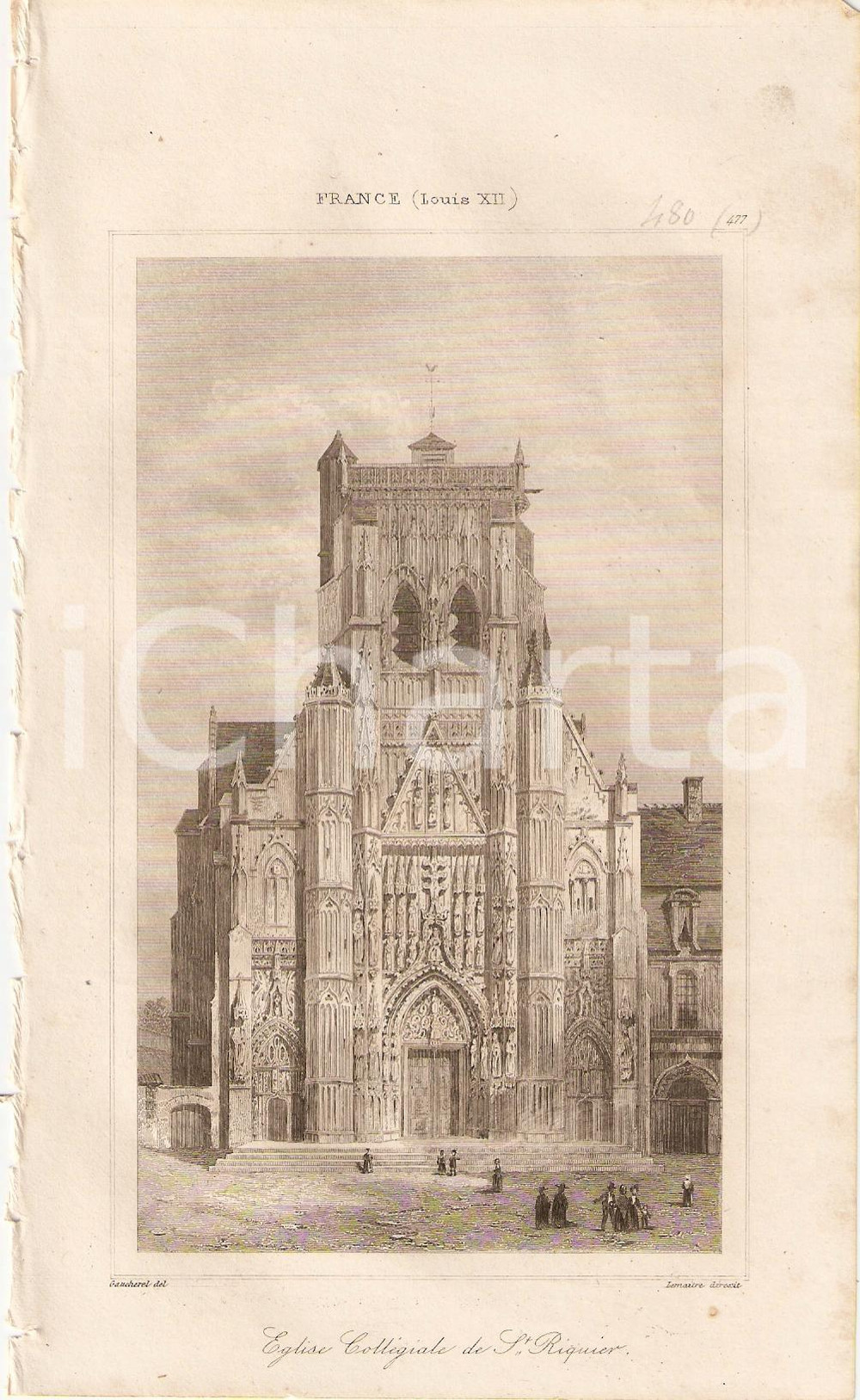 Stampa, bozzetto originale 1840 SAINT RIQUIER (FRANCE) Eglise CollÃ©giale - L'univers *Stampa inc. LEMAITRE 1