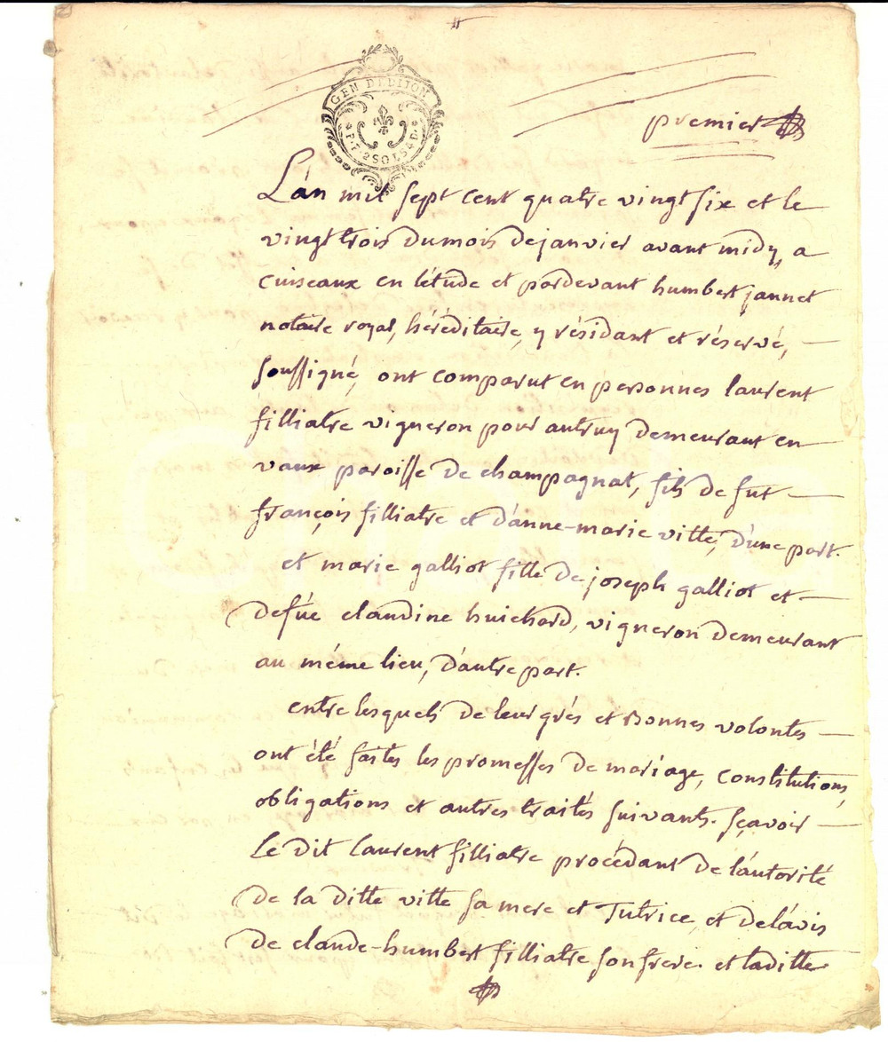 Documento originale, autentico 1786 VAUX CHAMPAGNAT F Contratto di nozze Laurent VIGNERON  Marie GALLOT 1
