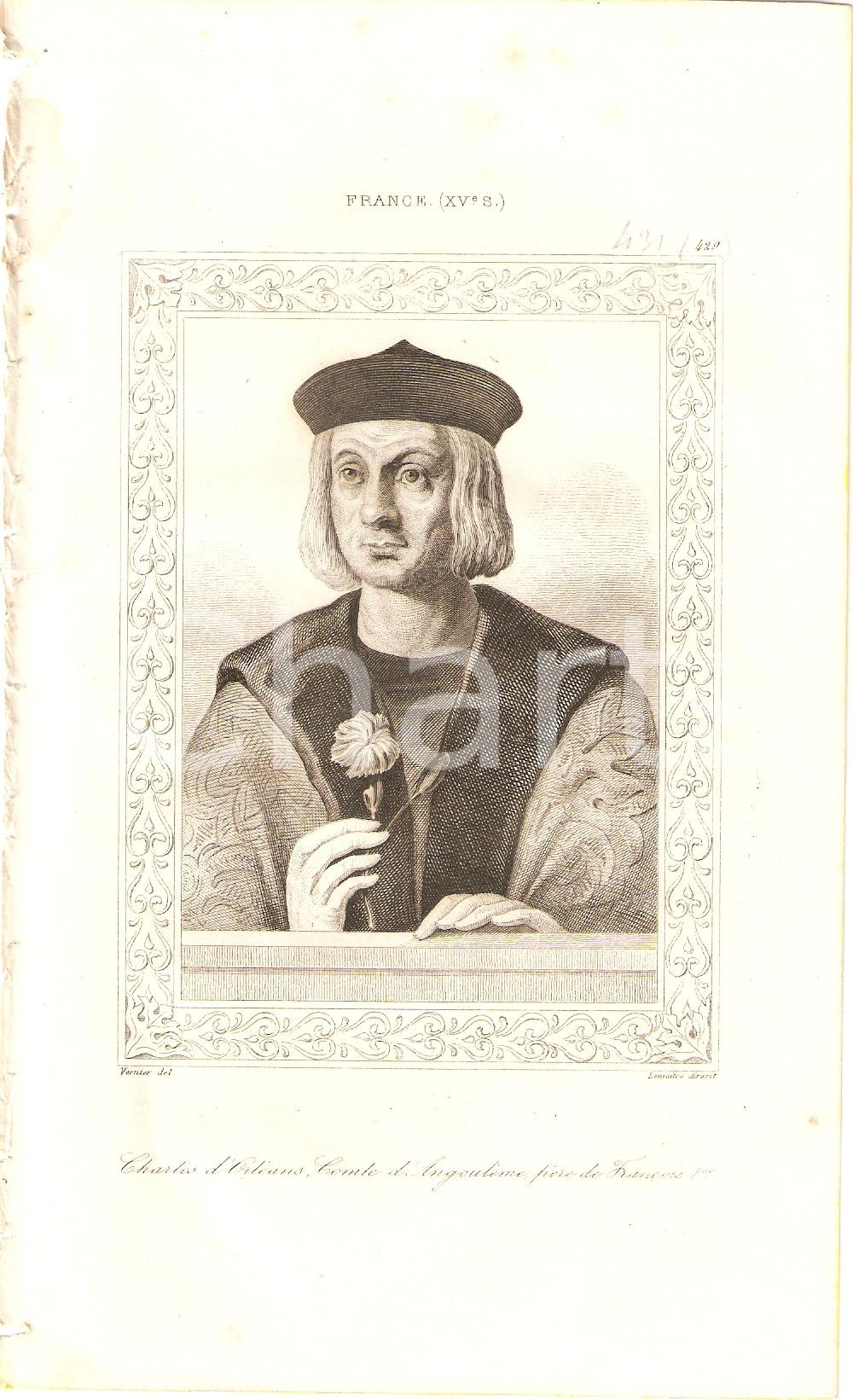 Stampa, bozzetto originale 1840 FRANCE Portrait Charles D'ORLEANS Comte d'ANGOULEME *Stampa inc. LEMAITRE 1