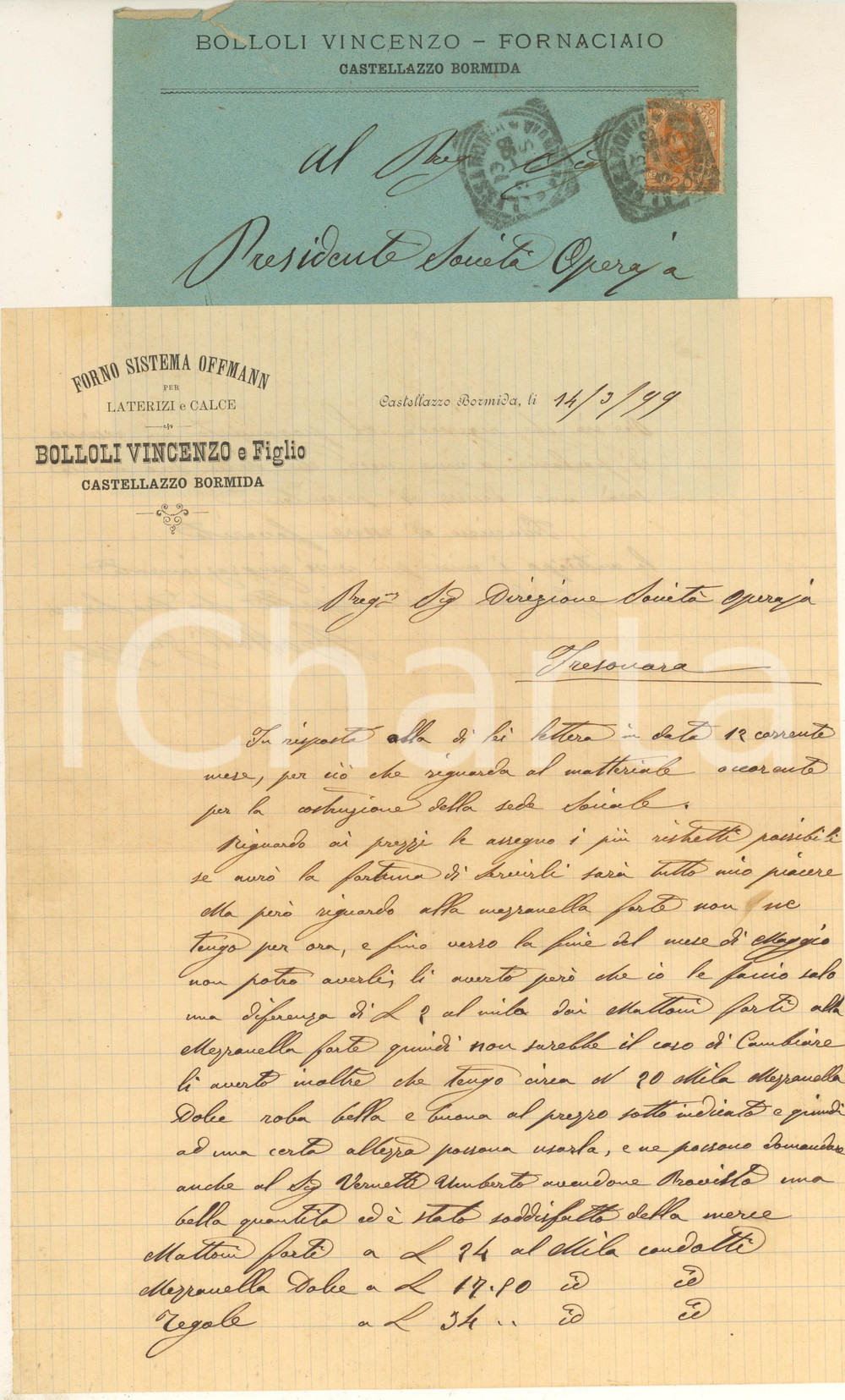 Documento originale, autentico 1899 CASTELLAZZO BORMIDA AL Giuseppe BOLLOLI fornaciaio per nuovo edificio 1