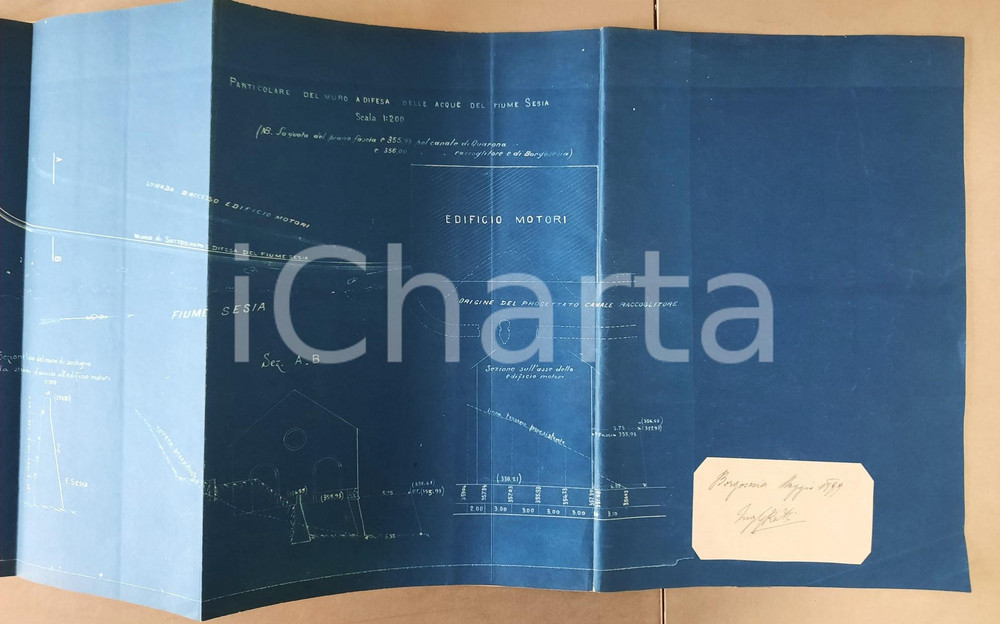 Mappa, planimetria storica 1899 BORGOSESIA Progetto ing. RATTI centrale idroelettrica sul SESIA 480x30 RARO 1