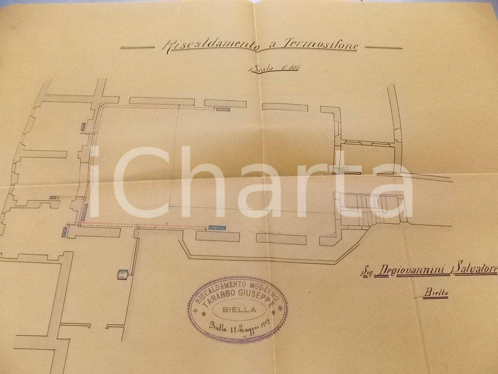 Stampa, bozzetto originale 1909 BIELLA Giuseppe TARABBO Progetto termosifone per Salvatore DEGIOVANNINI 1