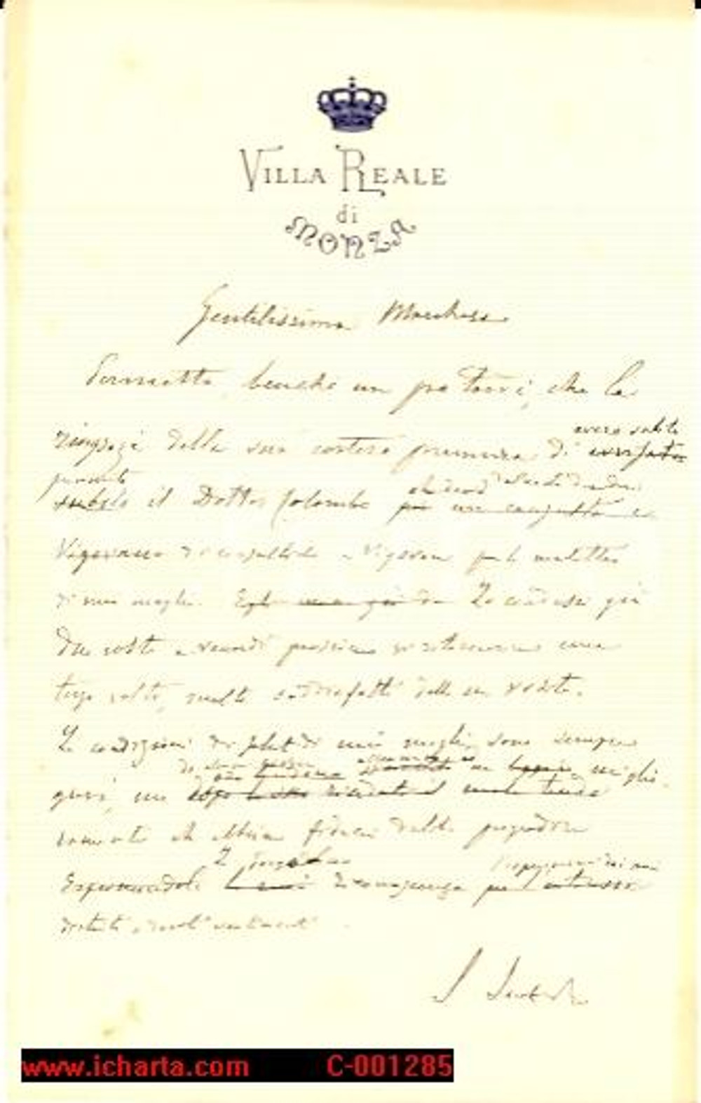 Manoscritto, lettera originale 1900 ca MONZA Santorre di SANTAROSA su malattia moglie 1