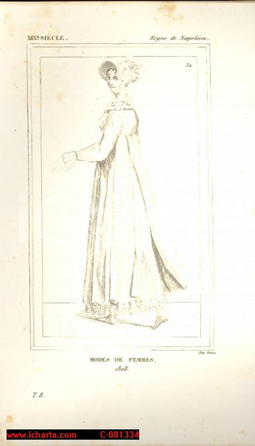 Stampa, bozzetto originale 1852 REGNE DE NAPOLEON Costume franÃ§ais  Modes des femmes en 1808 Gravure 1