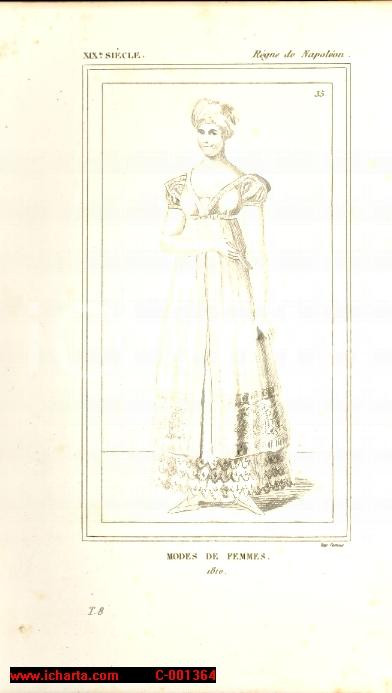 Stampa, bozzetto originale 1852 REGNE DE NAPOLEON Costume francese Modes des femmes en 1810 Stampa d epoca 1
