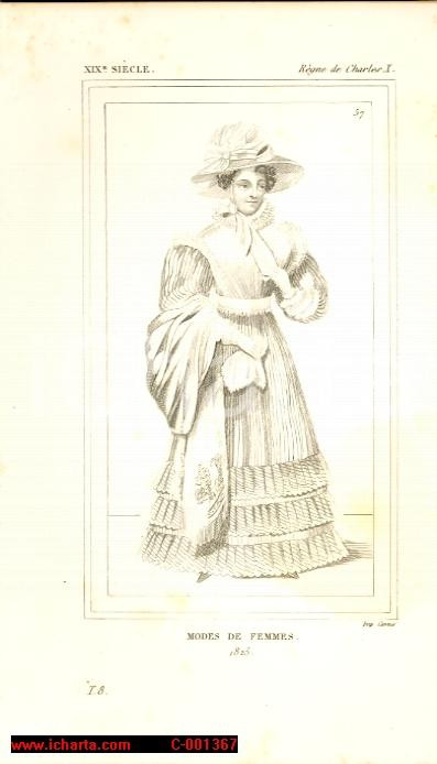 Stampa, bozzetto originale 1852 COSTUME FRANCAIS Mode de femmes sous Charles X 1
