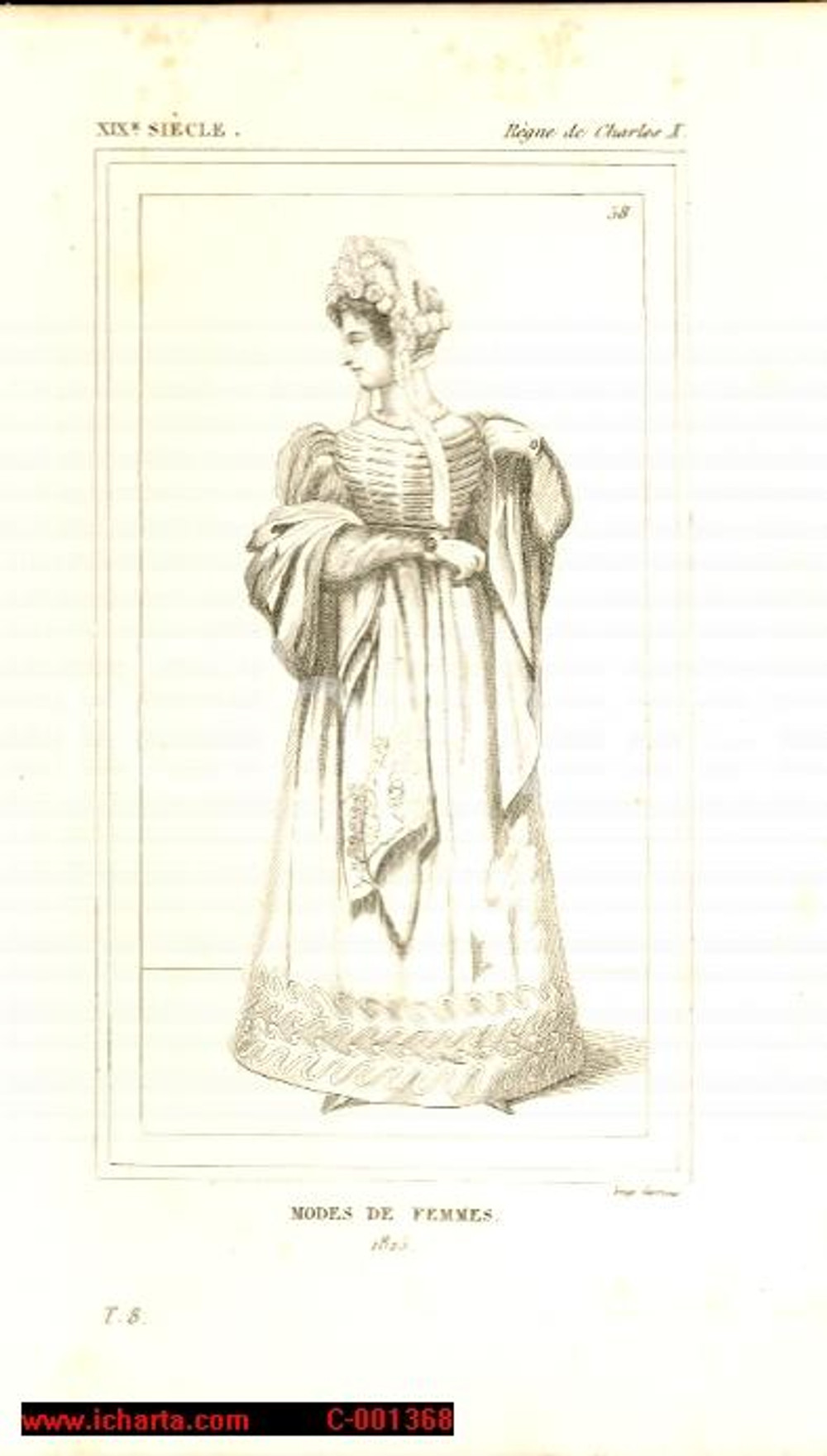Stampa, bozzetto originale 1852 REGNE DE CHARLES X Costume franÃ§ais  Modes des femmes en 1825 Gravure 1