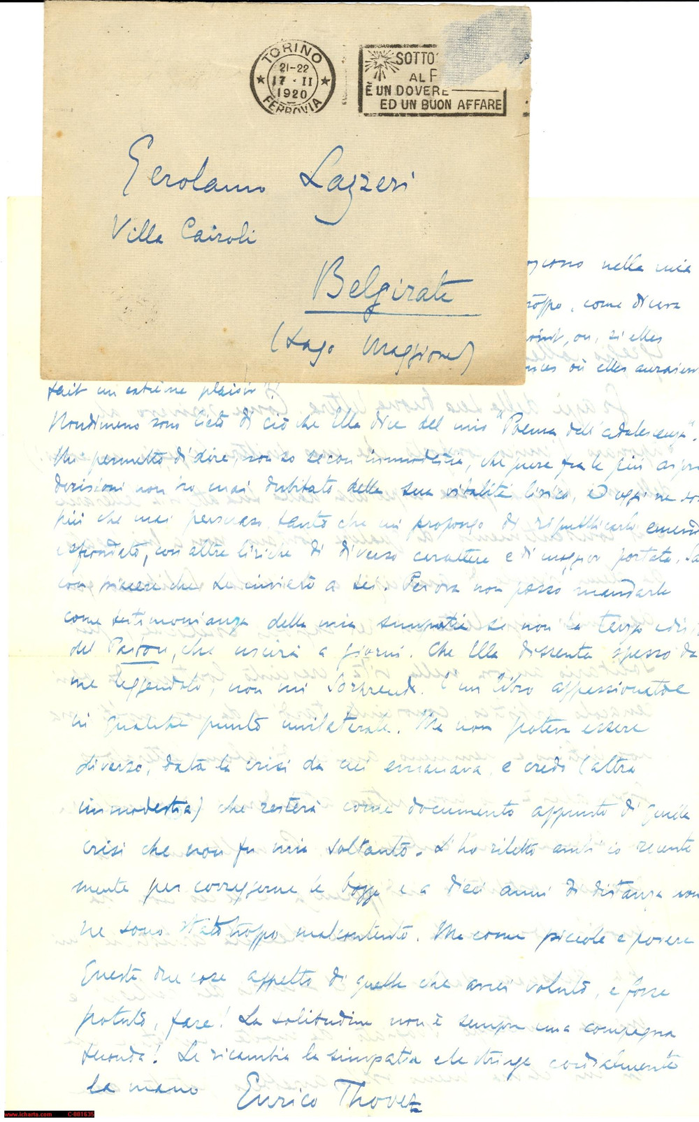 Autografo originale 1920 TORINO Enrico THOVEZ autore incompreso  Autografo 1