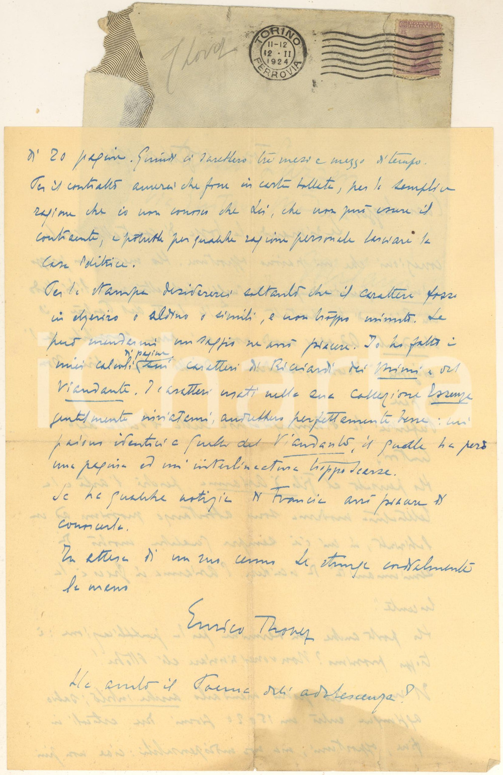 Autografo originale 1924 TORINO Enrico THOVEZ Arte e letteratura sono un labirinto AUTOGRAFO 1