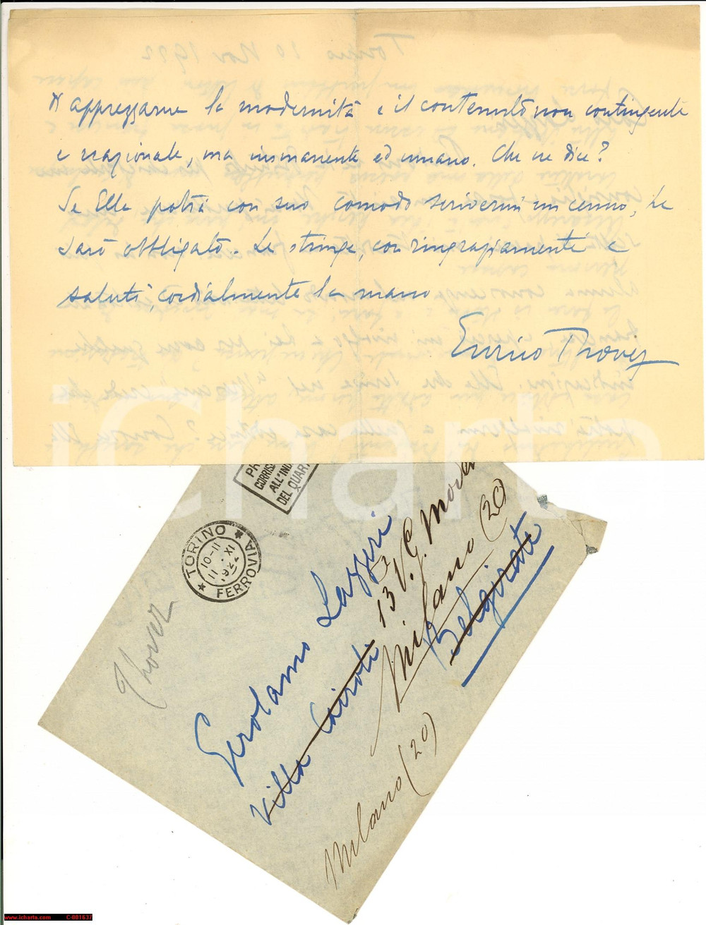 Autografo originale 1922 TORINO Enrico THOVEZ vuole pubblicare in Francia  AUTOGRAFO 1