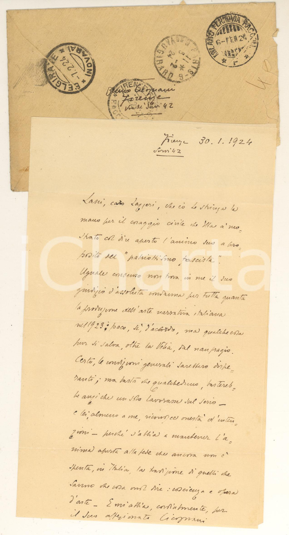 Autografo originale 1924 FIRENZE Bruno CICOGNANI contro il Fascismo *AUTOGRAFO INEDITO 1