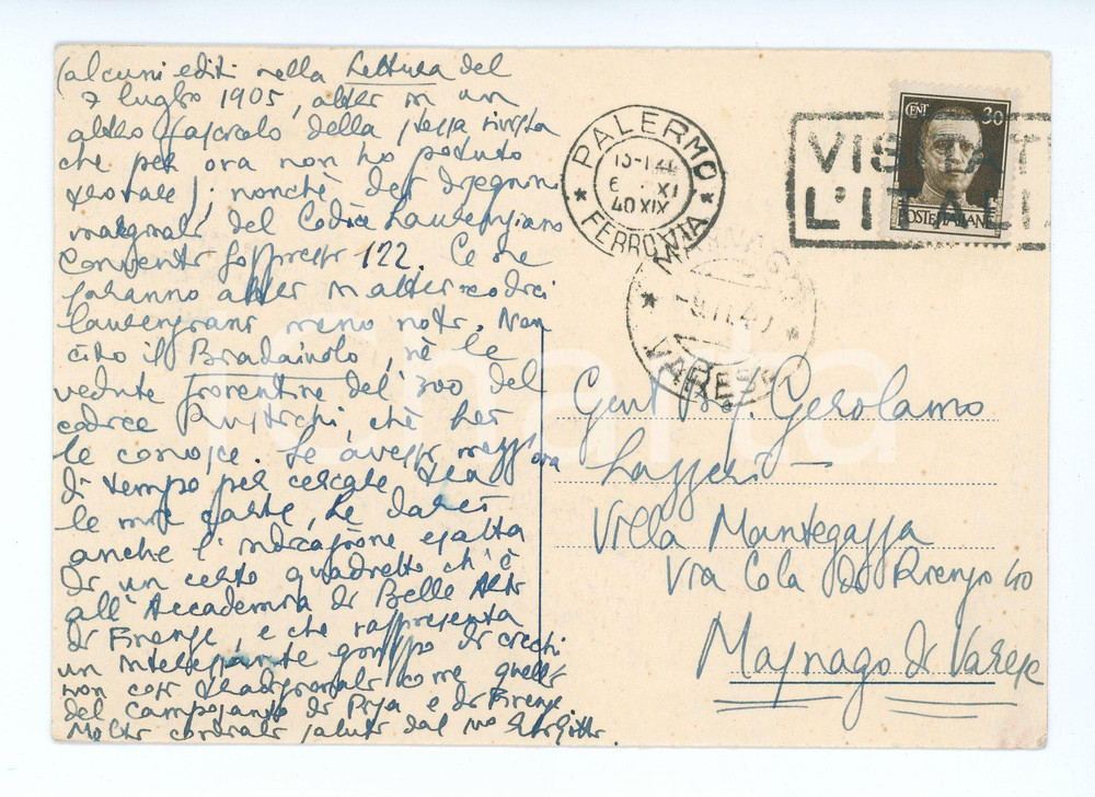 Autografo originale 1940 PALERMO Ettore LI GOTTI  Consigli a Gerolamo LAZZERI AUTOGRAFO 1