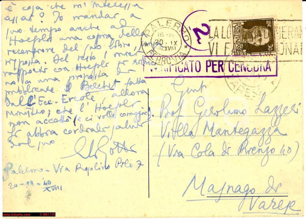 Autografo originale 1940 PALERMO Ettore LI GOTTI e la HOEPLI  Cartolina AUTOGRAFA 1