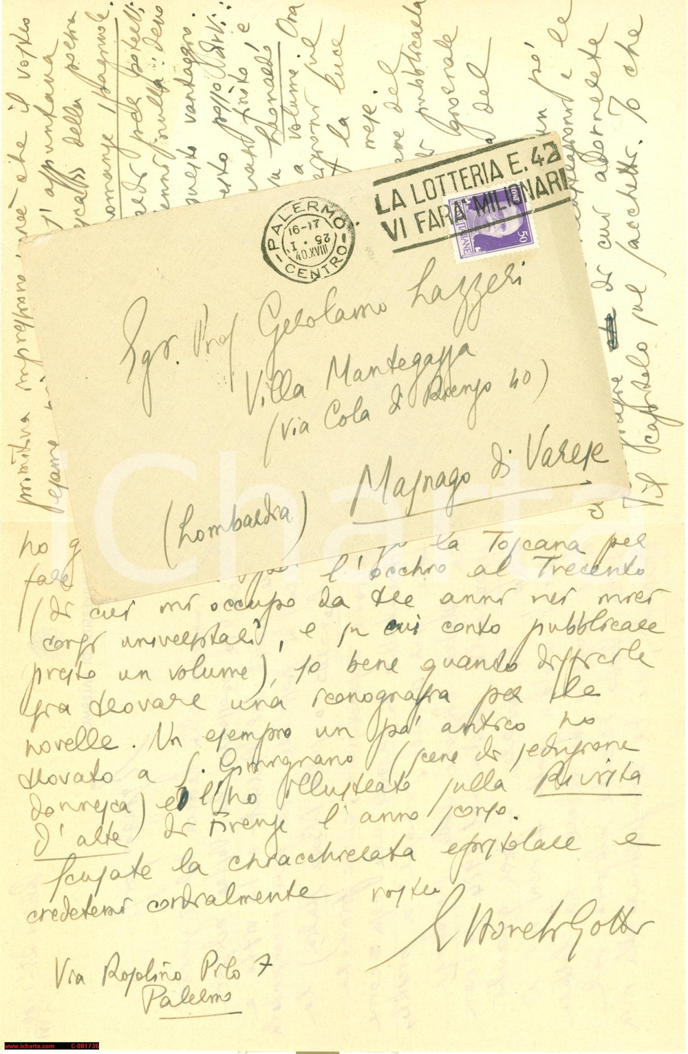 Autografo originale 1940 PALERMO Lettera Ettore LI GOTTI sui lavori di Gerolamo LAZZERI Autografo 1
