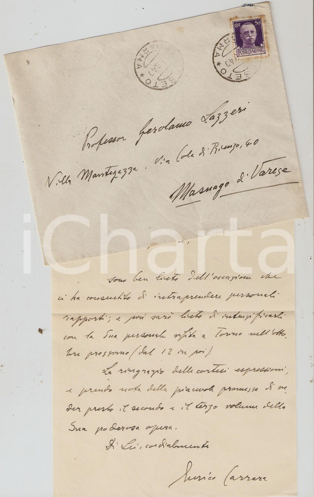 Autografo originale 1940 BUSSETO (PR) Lettera Enrico CARRARA - Invito a Torino *Autografo 1