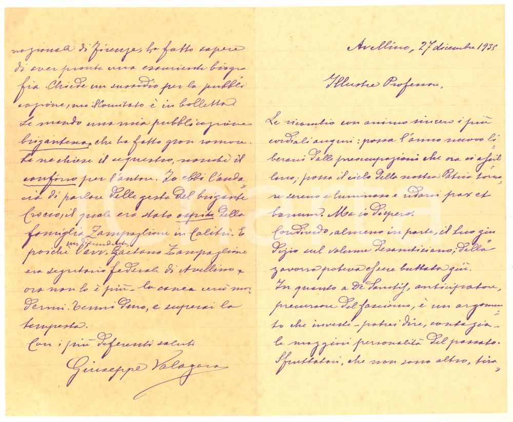Autografo originale 1935 AVELLINO Giuseppe VALAGARA contro gli intellettuali fascisti Autografo 1