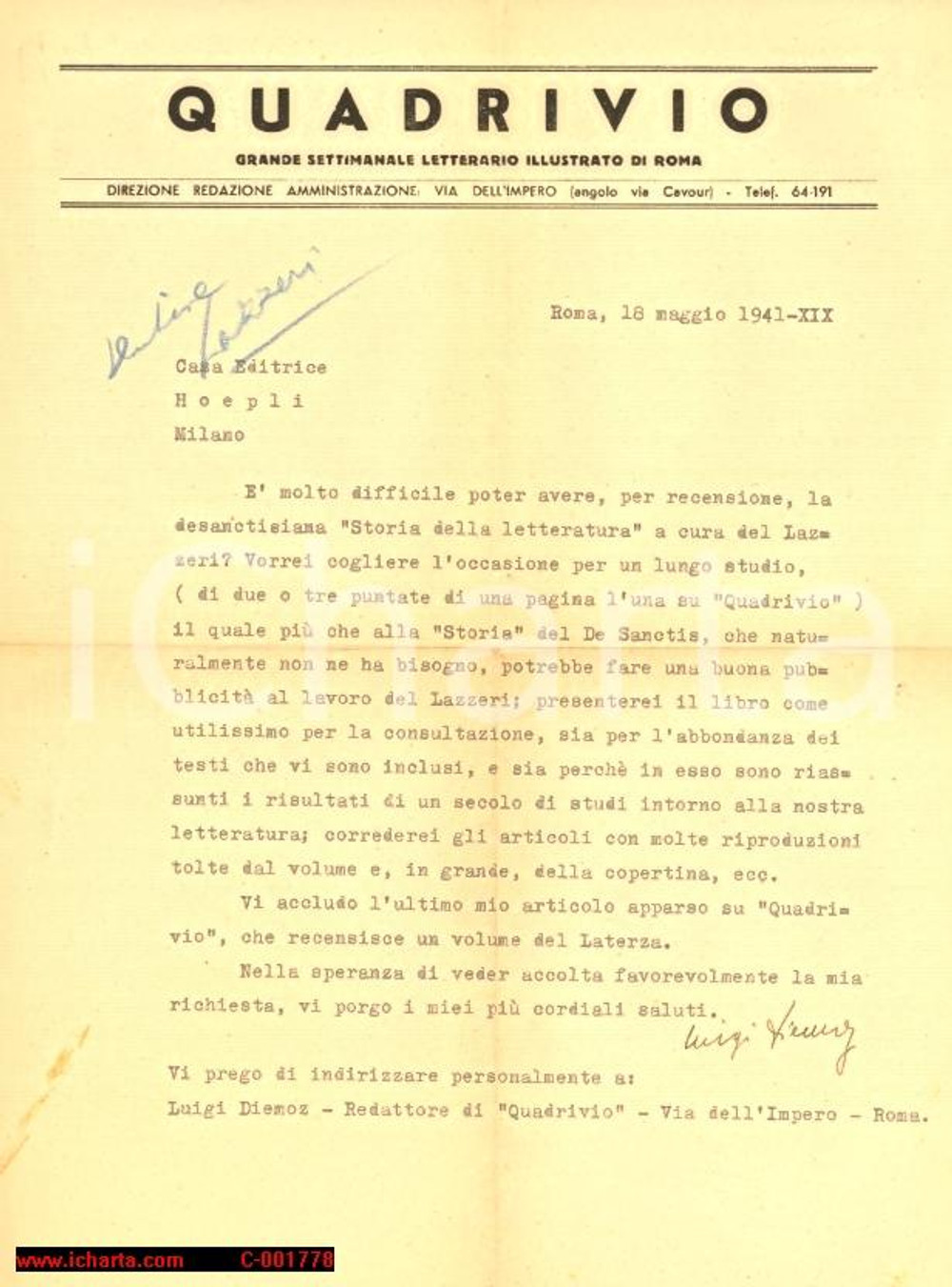 Autografo originale 1941 ROMA Lettera settimanale QUADRIVIO  Autografo Luigi DIEMOZ 1
