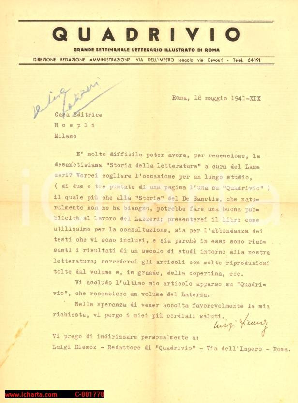Autografo originale 1941 ROMA Lettera settimanale QUADRIVIO  Autografo Luigi DIEMOZ 1