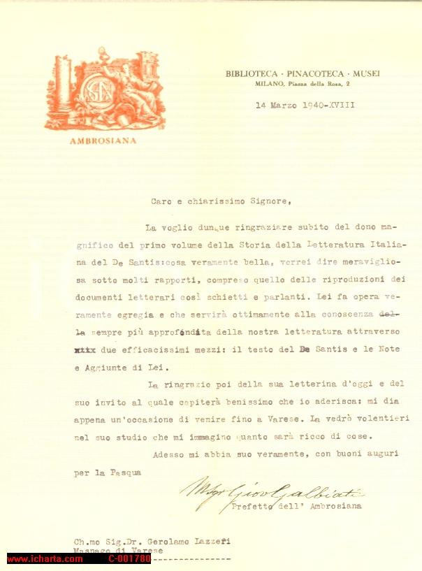 Autografo originale 1940 MILANO Biblioteca Ambrosiana  Lettera mons. Giovanni Galbiati AUTOGRAFO 1