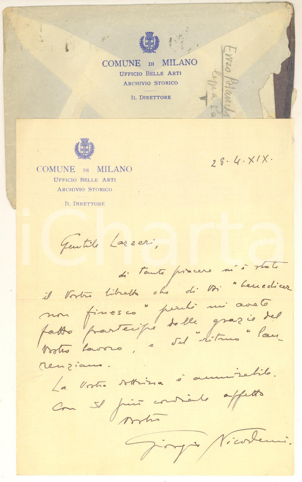 Autografo originale 1941 MILANO Giorgio NICODEMI ... di tanto piacere mi è stato il vostro libretto 1