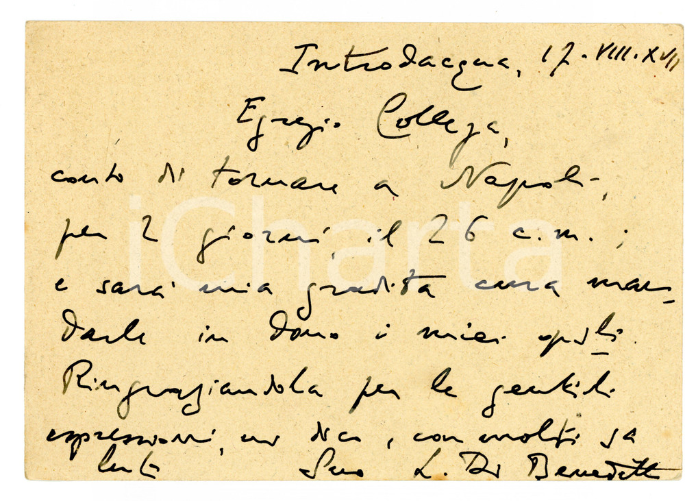Autografo originale 1939 INTRODACQUA AQ Luigi DI BENEDETTO promette nuovi lavori Autografo 1