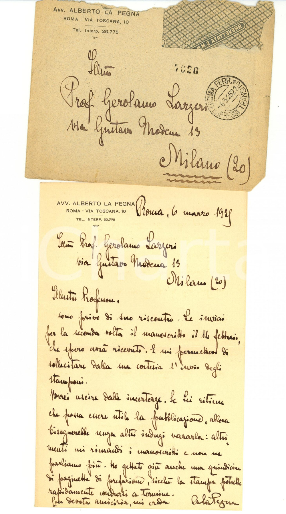 Autografo originale 1929 ROMA Alberto LA PEGNA tenta la carriera di scrittore  AUTOGRAFO 1