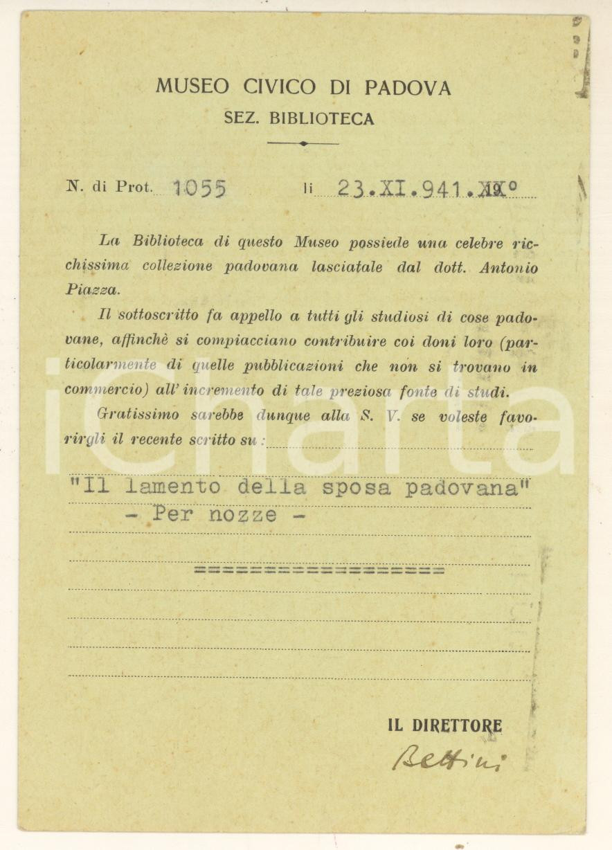 Autografo originale 1941 Museo Civico PADOVA Cartolina Sergio BETTINI direttore Autografo 1