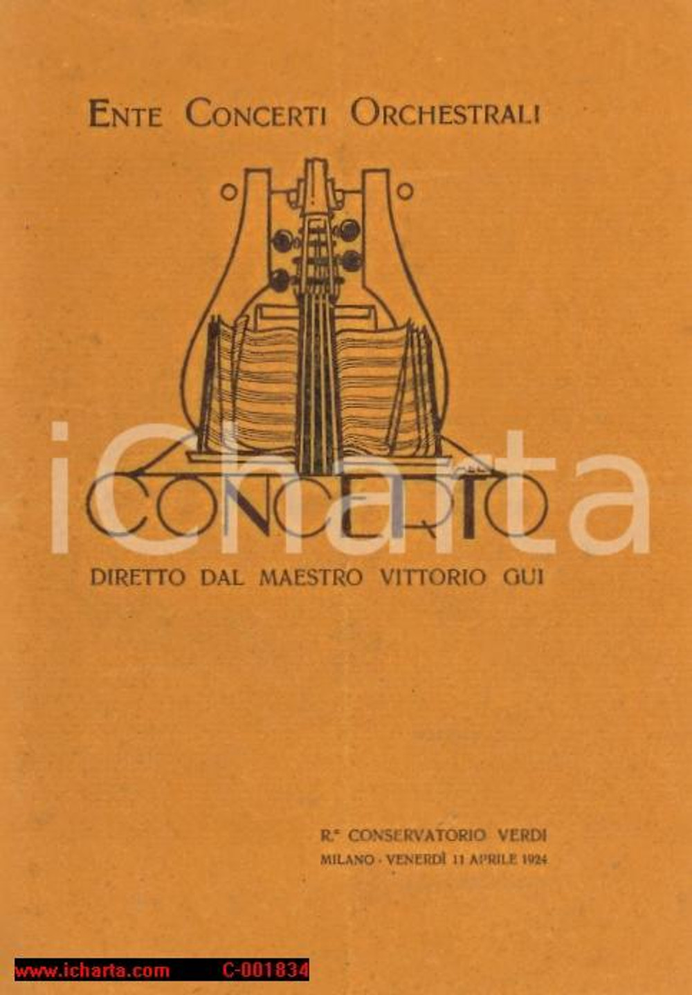 Materiale pubblicitario d’epoca 1924 MILANO Concerto orchestra maestro Vittorio GUI PubblicitÃ  LANCIA Programma 1