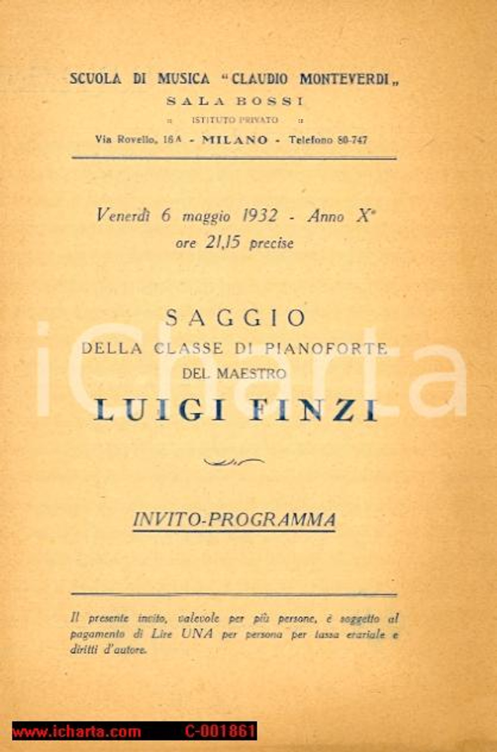 Materiale pubblicitario d’epoca 1932 MILANO Scuola CLAUDIO MONTEVERDI - Invito-programma saggio 1