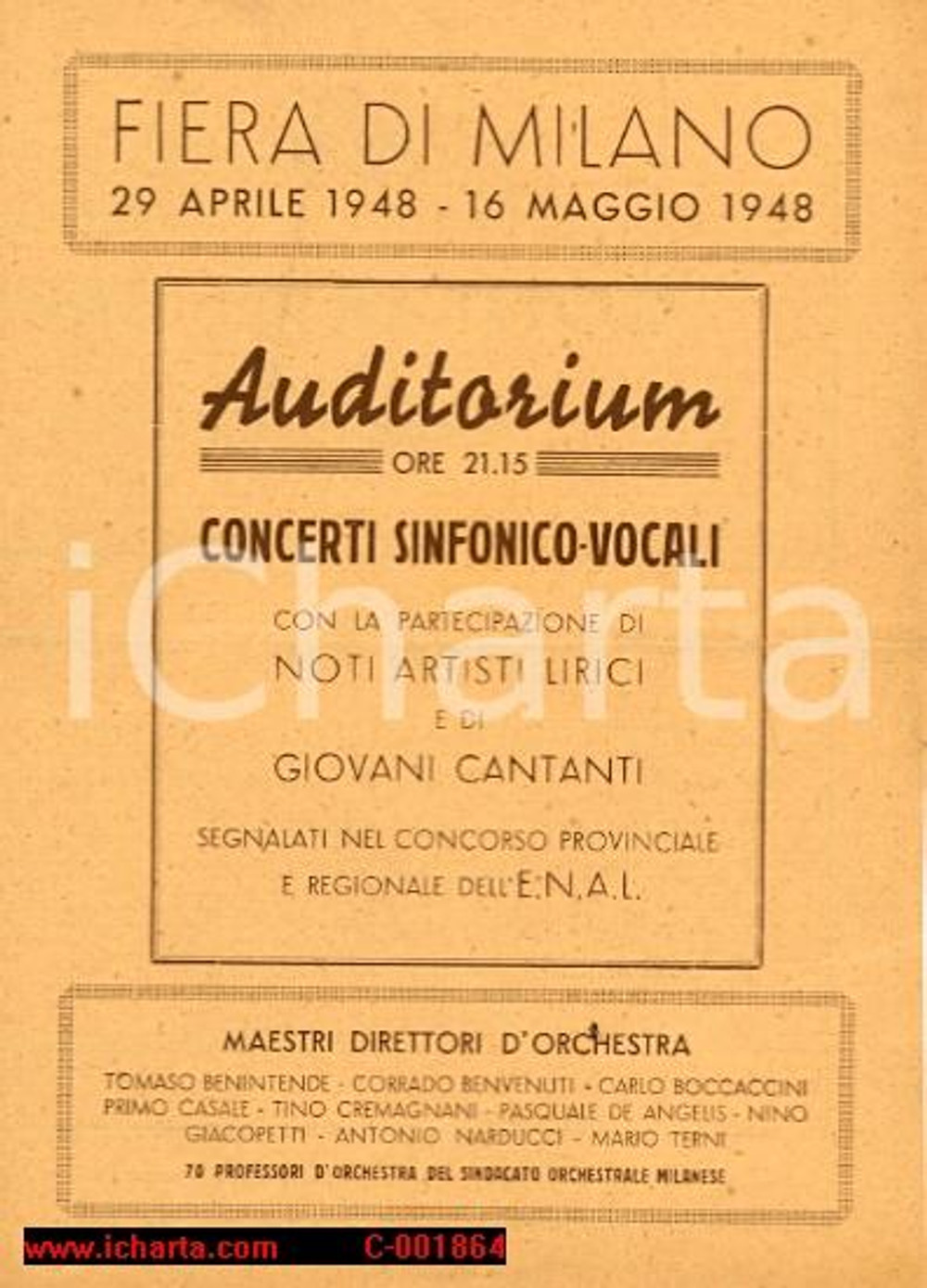 Materiale pubblicitario d’epoca 1948 MILANO FIERA AUDITORIUM concerto sinfonico vocale maestro Antonio NARDUCCI 1