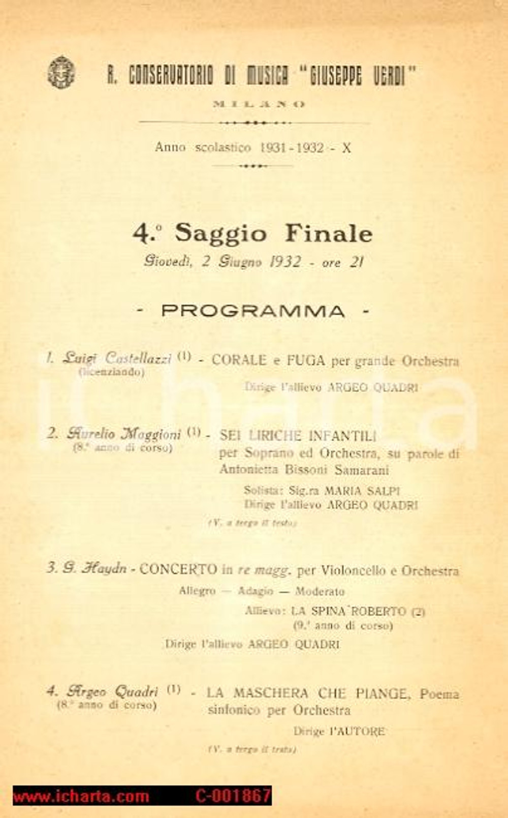 Materiale pubblicitario d’epoca 1932 MILANO Argeo QUADRI IV Saggio finale REGIO CONSERVATORIO *Programma 1