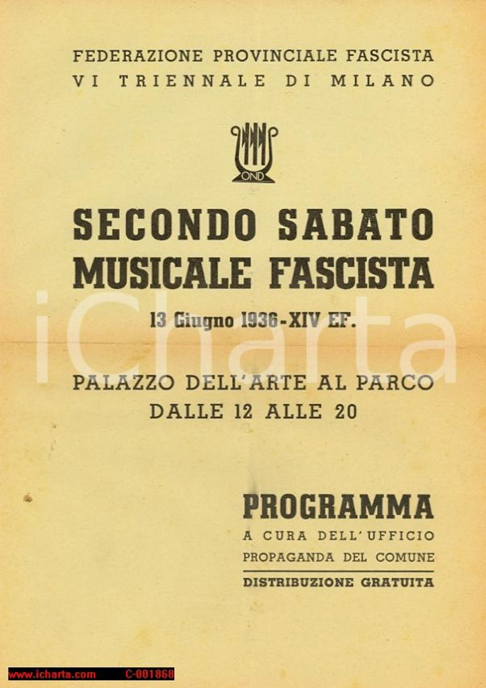 Materiale pubblicitario d’epoca 1936 MILANO Maestro Ermanno COLAROSSO Secondo Sabato Musicale Fascista Programma 1