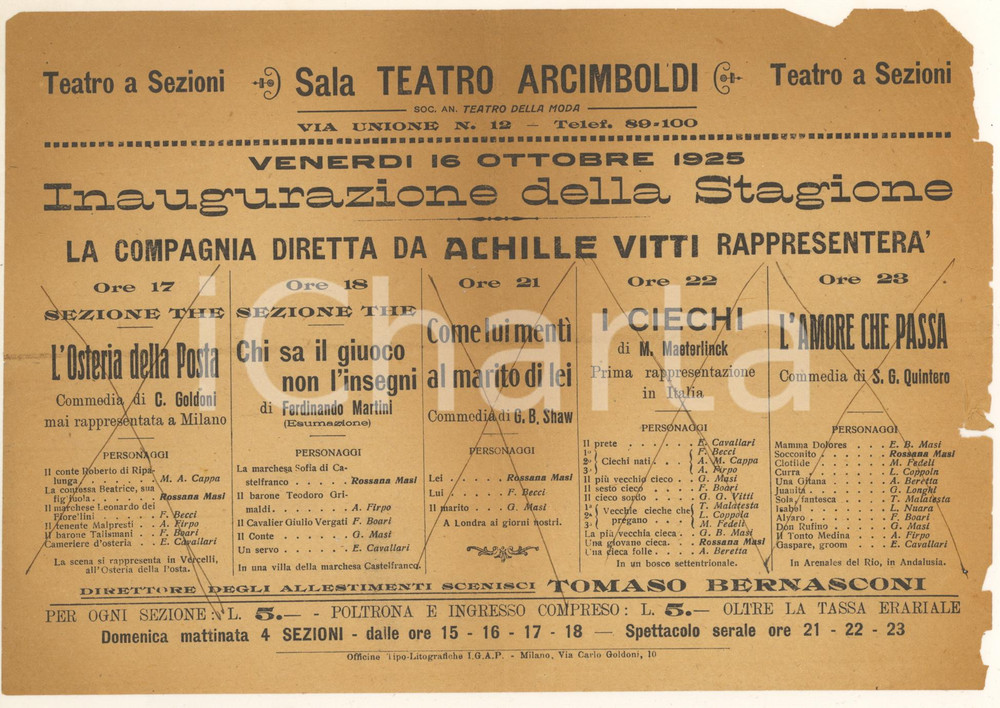 Materiale pubblicitario d’epoca 1925 MILANO TEATRO ARCIMBOLDI - Volantino inaugurazione VITTI *DANNEGGIATO 1