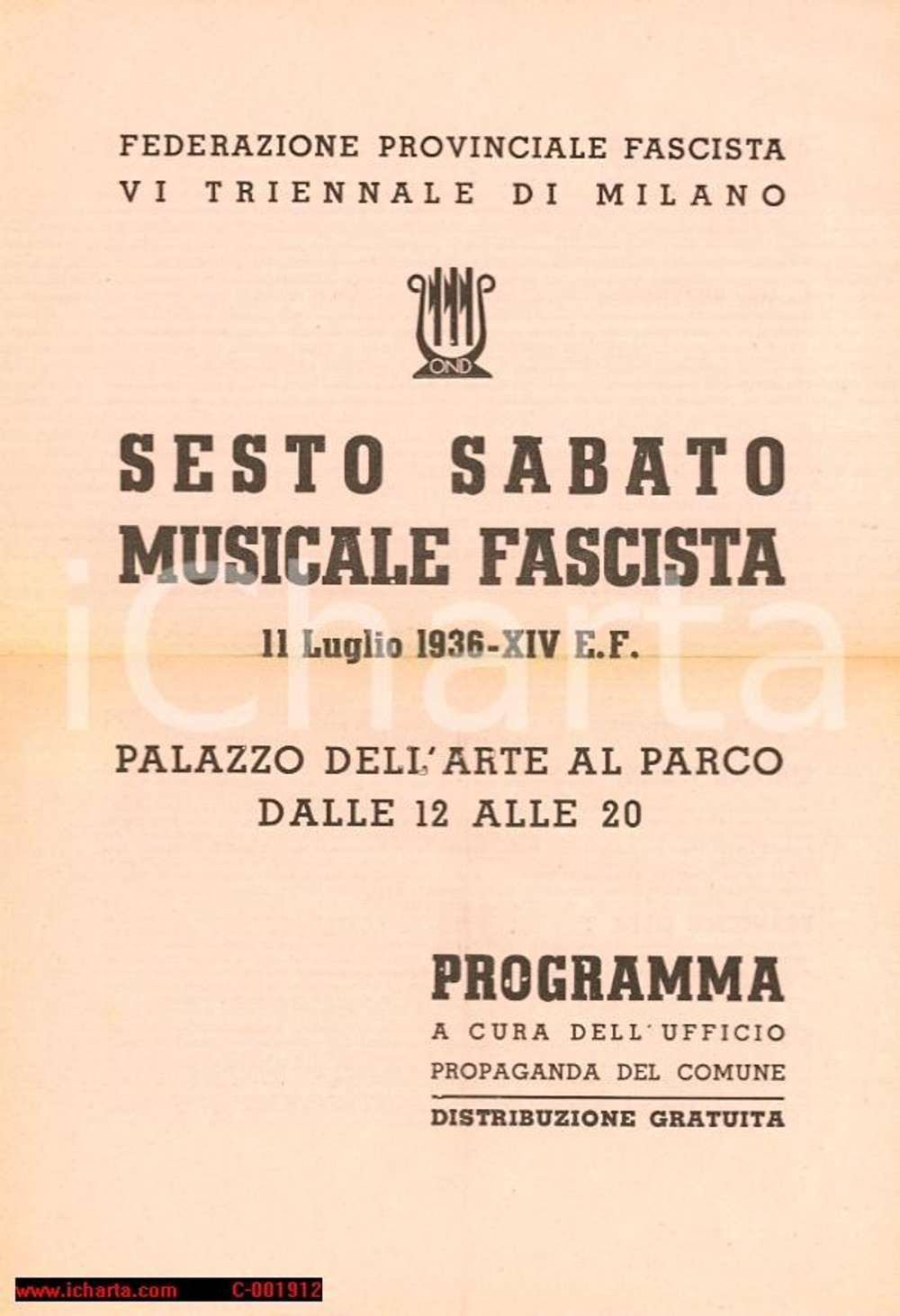 Materiale pubblicitario d’epoca 1936 MILANO Ferruccio CALUSIO Sesto Sabato Musicale Fascista Programma 1