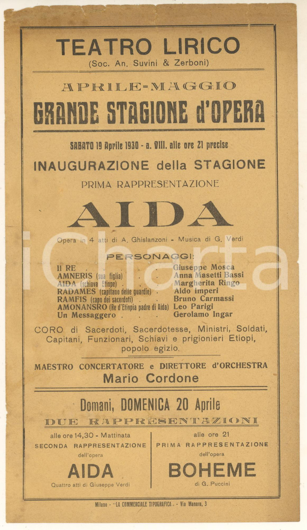 Materiale pubblicitario d’epoca 1930 MILANO Inaugurazione stagione Teatro Lirico - Aida *Volantino 1