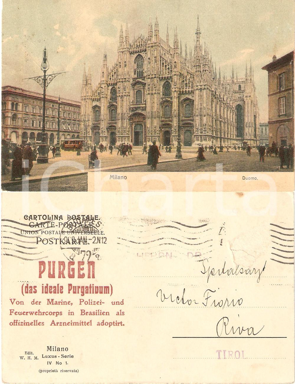 Materiale pubblicitario d’epoca 1910 ca MILANO Purgante PURGEN per forze armate in BRASILE *Cartolina FP VG 1