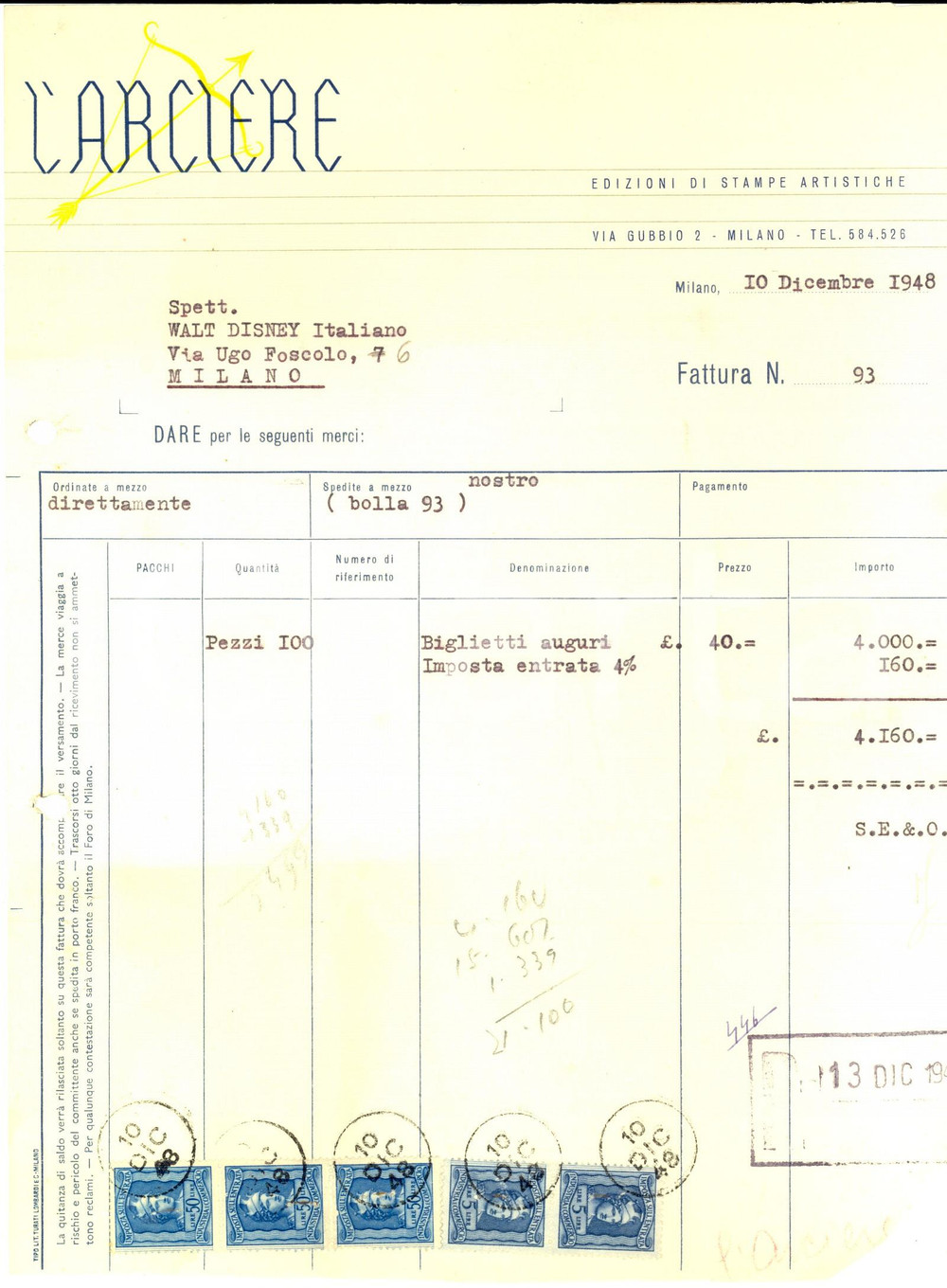 Documento originale, autentico 1948 MILANO L'ARCIERE Edizioni di stampe artistiche *Fattura intestata 1