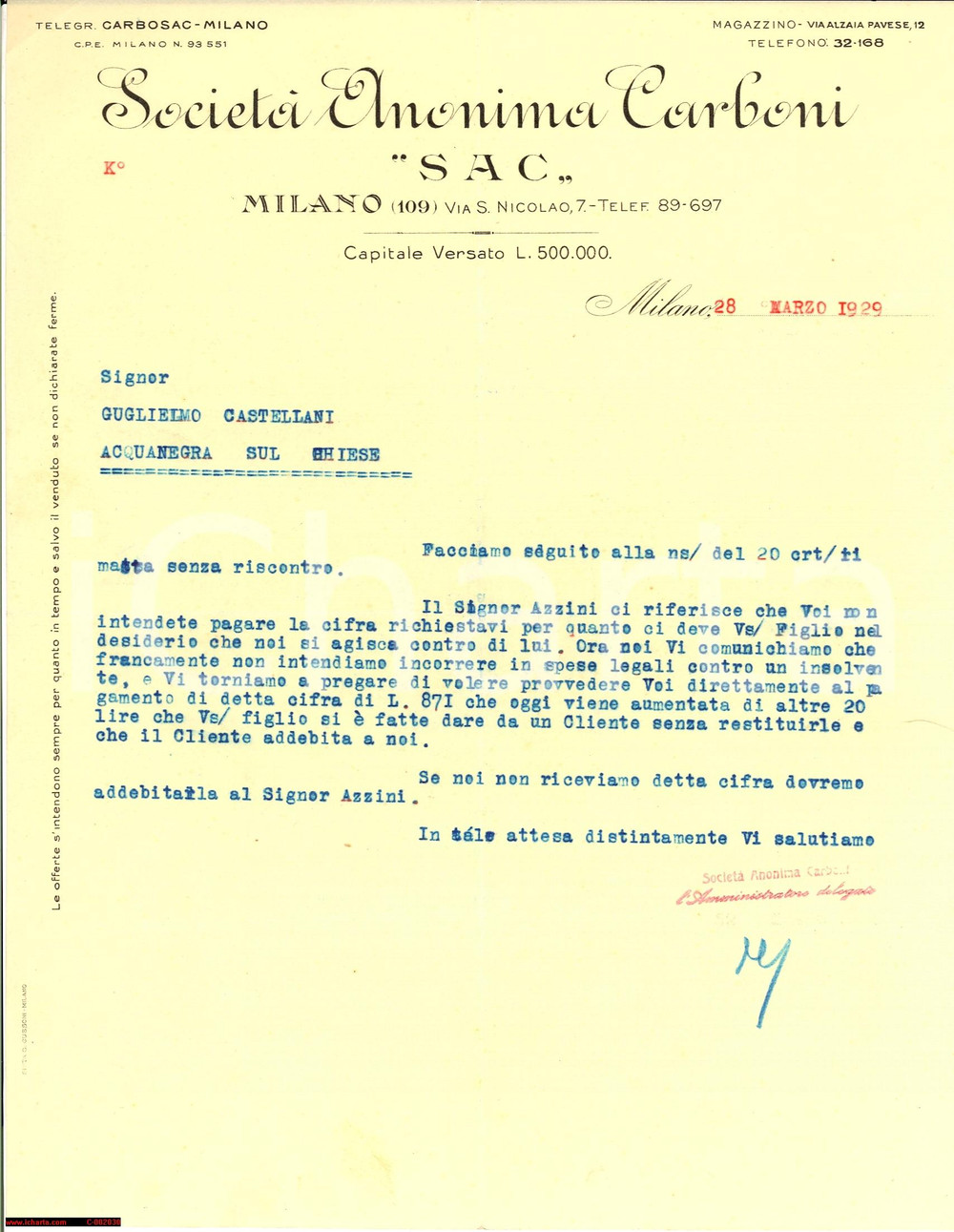 Documento originale, autentico 1929 MILANO via San Nicolao  SocietÃ  Anonima Carboni SAC  Lettera 1