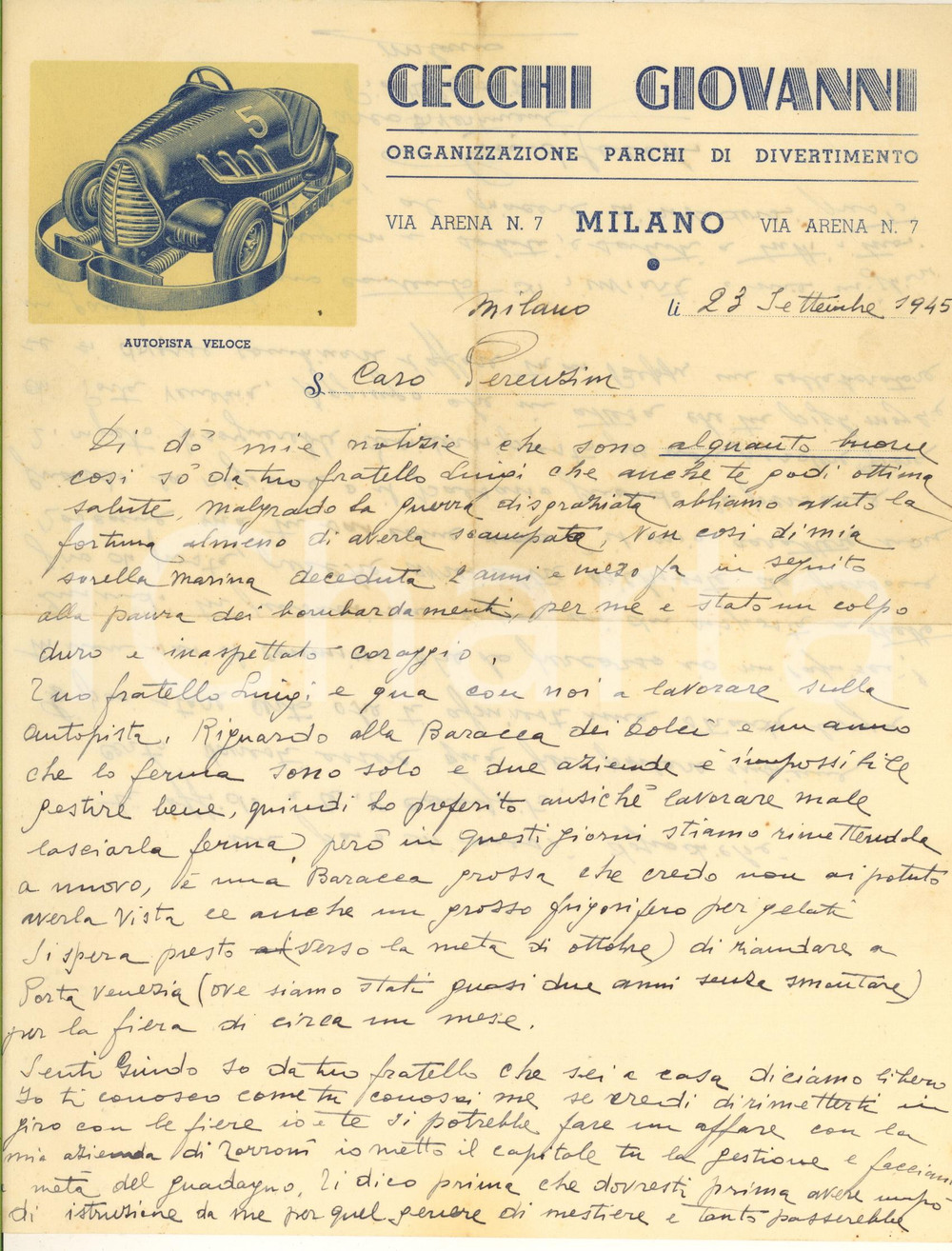 Manoscritto, lettera originale 1945 MILANO Giovanni CECCHI  Parchi di divertimento Torroni dopo la guerra 1