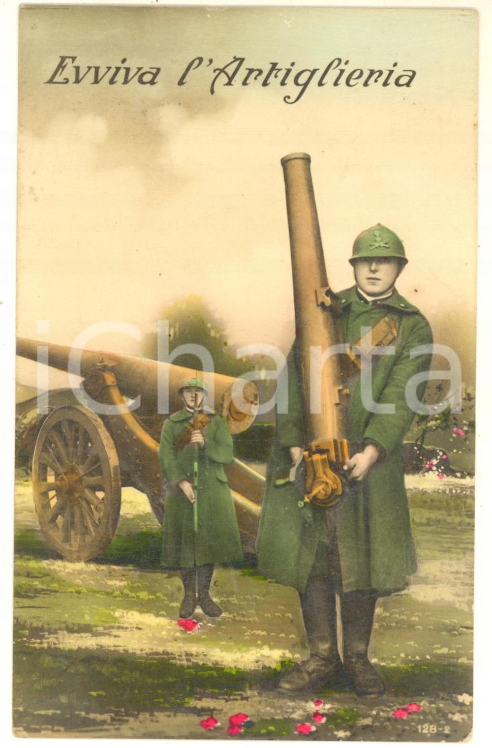 Cartolina originale da collezione 1932 WW2 Artiglieri con baionetta e obice - Evviva l'artiglieria *Cartolina 1