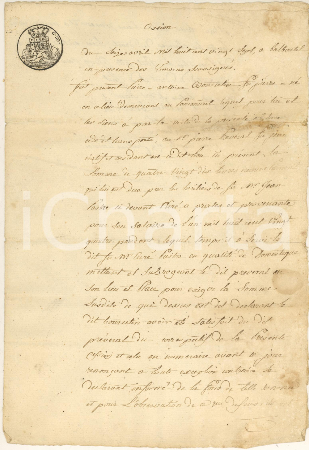 Documento originale, autentico 1827 BALBOUTET (TO) Don PASTRE in debito con domestico Antonio BORSELLINO 1