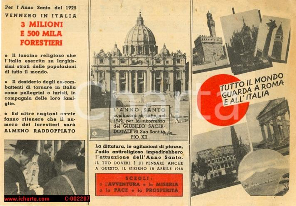 Oggetto da collezione cartaceo ROMA Anno Santo Giubileo 1950 - Volantino politico elezioni 1948 1
