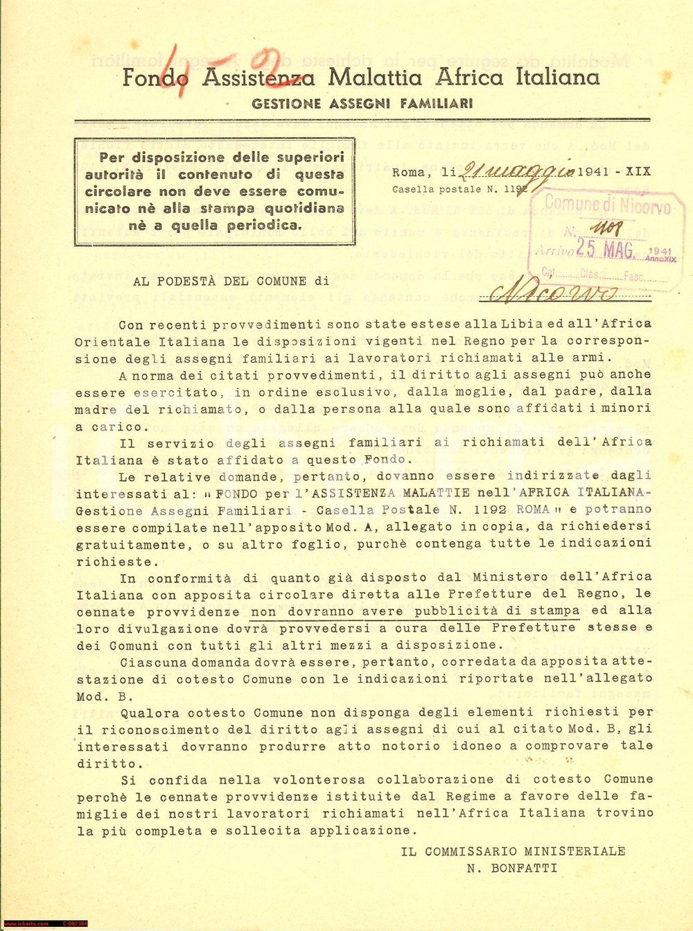 Documento originale, autentico 1941 ROMA Fondo Assistenza Malattia AFRICA ITALIANA - Lettera per assegni 1